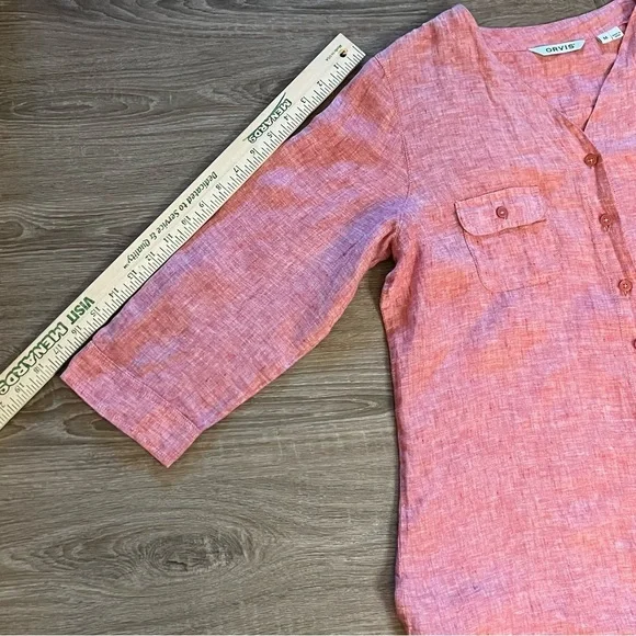 Orvis 100% Linen Shirt Women's M Red Pink 3/4 Sleeve Button Up Casual Blouse Top - Picture 5 of 10